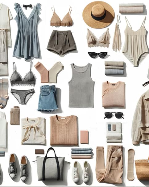 Packing list for Europe in summer featuring an assortment of women's fashion items laid out on a light background. The collection includes neutral-toned tops, dresses, shorts, a woven hat, sunglasses, comfortable footwear, and casual backpacks, all curated for a stylish yet practical travel wardrobe.