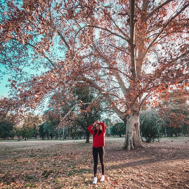 A person stands in the foreground, looking at the camera through a heart shape made with their hands, set against a backdrop of a grand tree with autumn-hued leaves in Parque General San Martin, Mendoza, Argentina. The photo captures the essence of fall with a serene park backdrop.