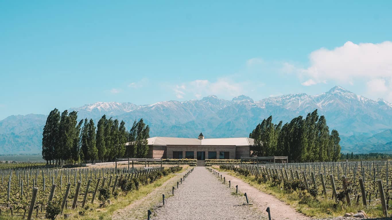 The serene Bodega Salentein in Valle de Uco, Mendoza, with a picturesque path leading to a charming property framed by rows of vines and the majestic Andes mountains in the backdrop, is an excellent lodging option in Mendoza.