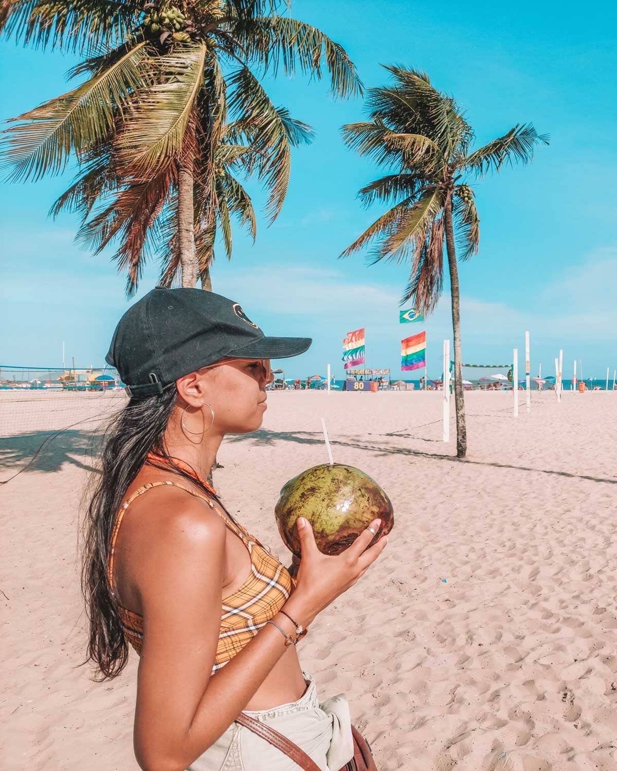 Savoring tropical flavors, a person stands on the sandy shores of Rio de Janeiro, holding a fresh coconut with a straw, with palm trees swaying above and the vibrant hues of beach umbrellas and flags in the background, capturing the essence of a relaxing day at the beach.