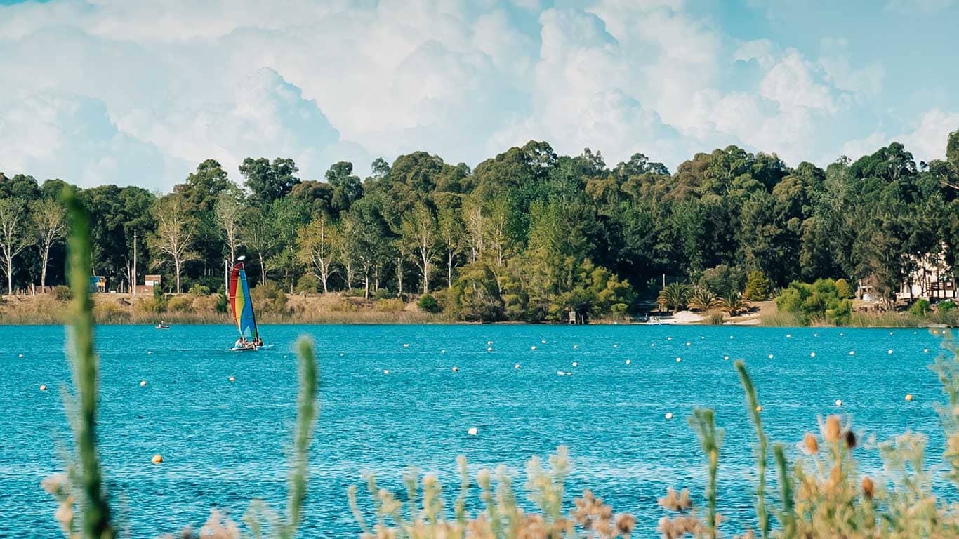 A sailboat with a vibrant sail glides across the tranquil blue waters of Laguna del Sauce in Punta del Este, with lush greenery and a serene shoreline in the background, under a clear sky.