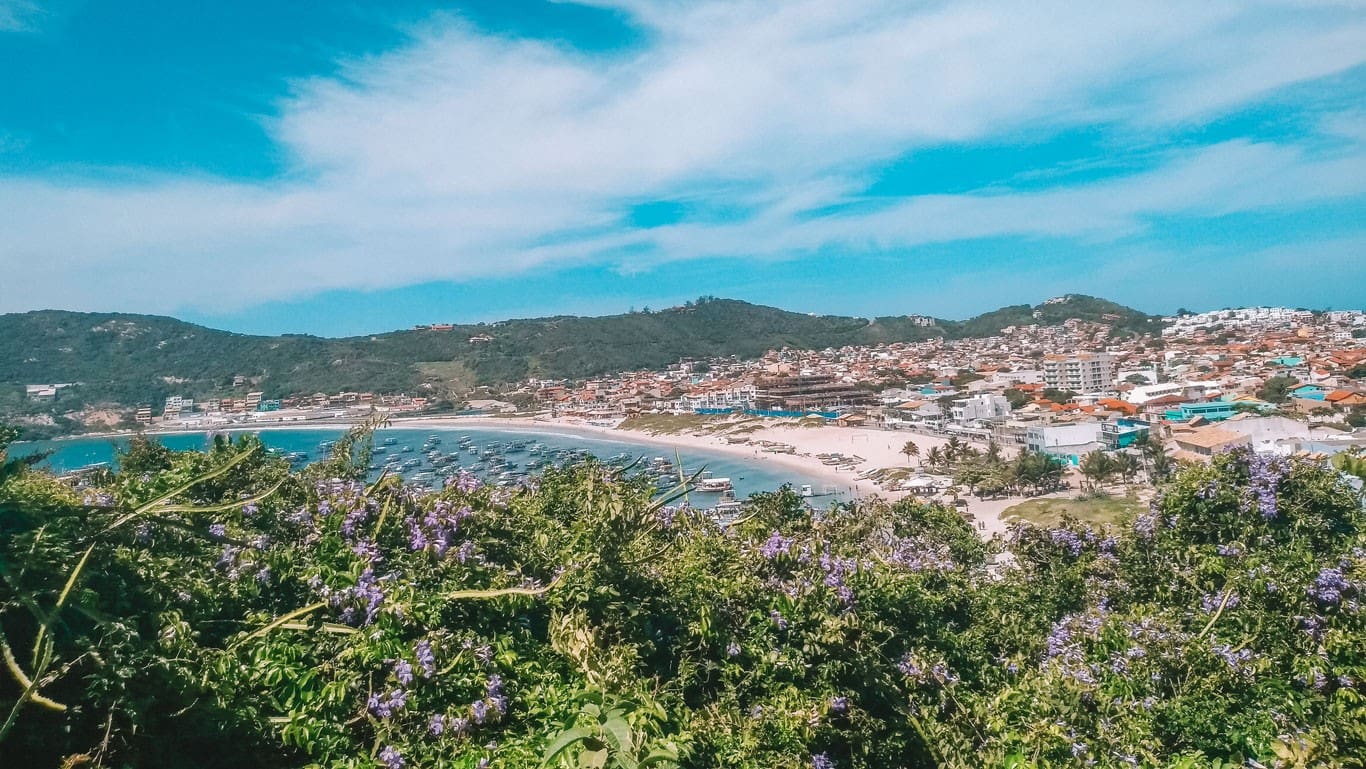 A picturesque view of Anjos Beach in Arraial do Cabo, captured from a hilltop surrounded by vibrant purple flowers. The sweeping panorama includes the densely packed beach dotted with umbrellas, a bustling marina filled with boats, and a vibrant town sprawling up the surrounding hills. The azure waters of the bay and the clear blue sky provide a stunning backdrop to this lively beach scene.